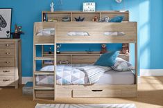 a child's bedroom with a bunk bed and blue walls in the corner area