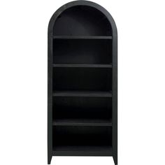 a black bookcase with three shelves on one side and an arched door to the other