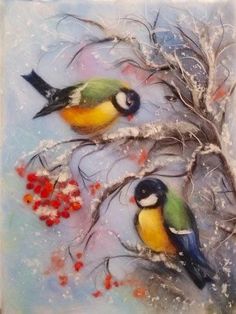 two birds perched on branches with berries in the snow and one bird sitting on top of another branch