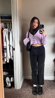 Lavender Cardigan Outfit Winter, How To Style Purple Cardigan, Cardigan Outfit Purple, Purple Top Black Pants, Lavender Black Outfit, Purple Black Outfit Aesthetic, Purple Pants Outfit Winter, Purple Sweater Outfit Aesthetic, Purple Long Sleeve Outfit