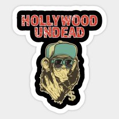 a sticker with the words hollywood under it and a monkey wearing sunglasses on top