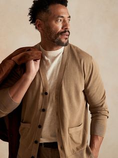 A timeless layering piece, our classic cardigan is reimagined with soft, organic cotton and garment dyed for depth of color.  Every piece is one-of-a-kind.  ORGANIC: Made with certified, organically grown cotton that's easier on the earth.  Button fr Coconut Husk, Sweater Men, Stylish Men Casual, Classic Cardigan, Cotton Cardigan, Cotton Sweater, Layering Pieces, Stylish Men, Banana Republic