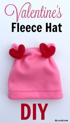 valentine's fleece hat with hearts on it and the words diy written in red