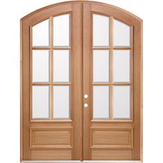 an open wooden double door with glass on the top and bottom side, isolated against a white background