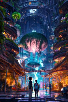 two people standing in front of a futuristic city with trees and plants on the ground