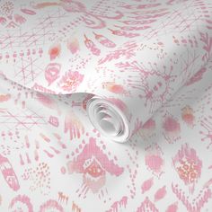 a pink and white wallpaper with an abstract design on it's surface,