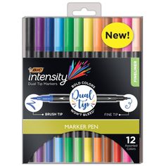 the pack of 12 markers is shown in its package, and it has different colors