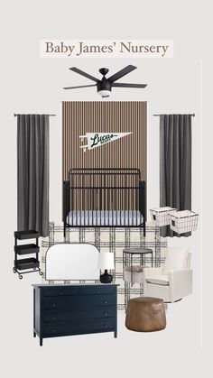 the baby james nursery room is shown with furniture and decor in black, white, and brown