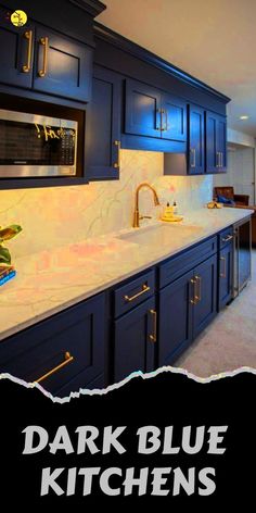 a kitchen with dark blue cabinets and white counter tops is featured in this ad for the home improvement company