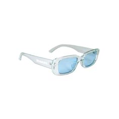 a pair of sunglasses with clear frames and blue lenses