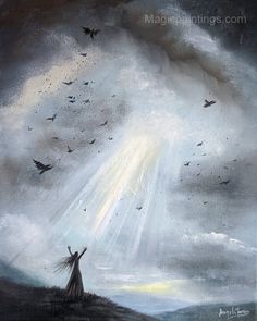 a painting of a person standing on top of a hill under a cloudy sky with birds flying around