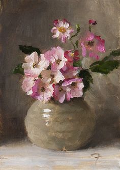 a painting of pink and white flowers in a vase on a tableclothed surface