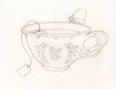 a drawing of a tea cup with a butterfly on it's top and the handle