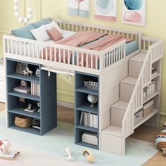 a child's bedroom with a bunk bed and bookcase underneath the stairs is shown