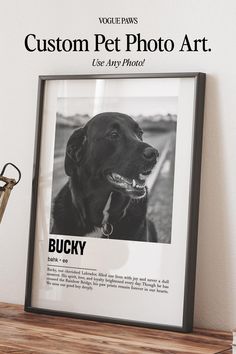 a black dog sitting on top of a wooden shelf next to a framed photo with the words custom pet photo art