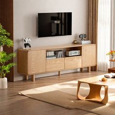 a living room scene with focus on the entertainment center and large plant in the corner