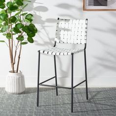 a white chair next to a potted plant