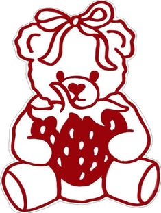 a red teddy bear with a bow on it's head sitting in front of a white background