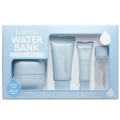 A hydration-boosting Korean skincare set for softer, smoother skin—the ultimate way to discover the better-than-ever Water Bank collection at a value you’ve been wishing for. Laneige Gift Set, Laneige Makeup, Laneige Skincare, Laneige Water Bank Blue Hyaluronic, Laneige Water Bank, Skincare Sets, Skincare Branding, Hyaluronic Serum, Xmas List