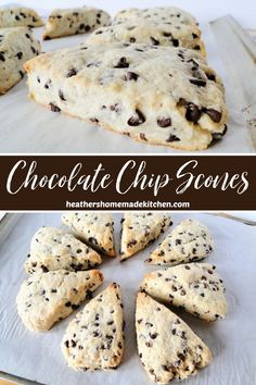 chocolate chip scones cut into eight pieces on top of a baking sheet and in the middle