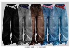 five pairs of jeans with different colors and sizes are shown in this image, the bottom row