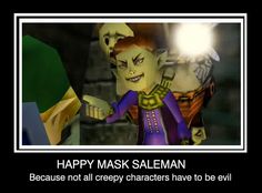 a cartoon character with an evil look on it's face and the caption reads happy mask salesman because not all creepy characters have to be evil