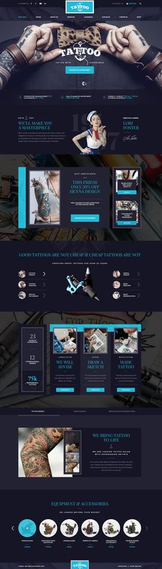 the website design for tattoo studio is shown in blue and black, with an image of a