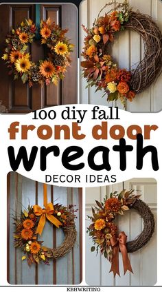 the front door wreath is decorated with fall leaves and sunflowers