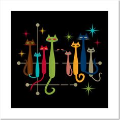 a black background with colorful cats and stars