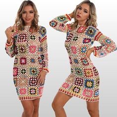 Great Shopping Granny Square Crochet Dress Long Sleeve Women Boho Clothing Randomly blend color, Women's Dresses Granny Square Crochet Dress, Crochet Dress Long, Chic Crochet Top, Granny Square Dress, Oversized Tunic Dress, Square Dress, Knit Summer Dress, Boho Mode, Chic Maxi Dresses