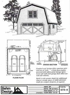 an old barn with two garages on the front and second floor, is shown in this