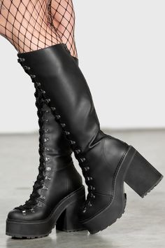 BLOODLETTING. - Faux Leather.- Statement Lace-Up Front.- 4" Platform.- Side Zip. with KILLSTAR Branding, 100% Man Made Materials. Killstar Boots, Lace Up Boots Outfit, Lace Up Boot Outfit, Macabre Fashion, Black Wardrobe, Shoe Ideas, Character Aesthetics, Oversized Top, Chunky Boots