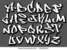 the alphabet graffiti font in white and black colors on a gray background with clippings