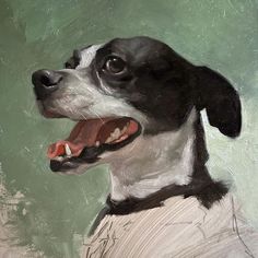 a painting of a black and white dog with his tongue out