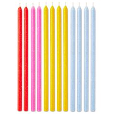 Make a statement at your celebration with these tall birthday candles in an assortment of colors that sparkle with glitter accents. Perfect for a birthday or anniversary celebration, these pretty candles make a great addition to your party decor, whether simple or sophisticated. | Pack of 12 tall wax candles with gold glitter accents includes 2 red, 2 pink, 4 yellow and 4 blue. | Burn within sight. Keep away from things that catch fire. Keep away from children. | Each candle approx. 5" H Tall Birthday Candles, Pretty Candles, Hallmark Greeting Cards, Pretty Candle, Colorful Birthday, Wax Candles, Anniversary Celebration, Candle Set, Birthday Party Supplies