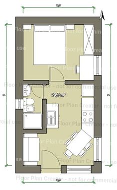 the floor plan for a small apartment with one bedroom and living room, which is divided by