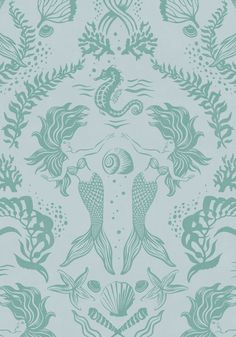 a blue and green wallpaper with mermaids on it