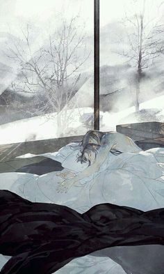 a painting of a woman laying on the ground in front of a window with snow and trees outside