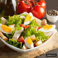 a painting of a salad with hard boiled eggs and tomatoes on the side next to it