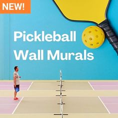 Pickleball court interior with a wall mural of a pickleball paddle and ball advertising new pickleball wallpaper murals wall decor collection Sports Mural, Sports Wallpaper, Gym Wall Decor, Text Logos, Gym Wall, Sports Wall, Sports Wallpapers, Wallpaper Murals, A Gym