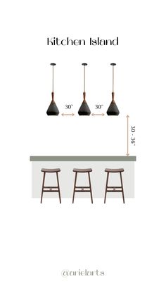 the kitchen island is shown with three stools and an overhead light fixture in black