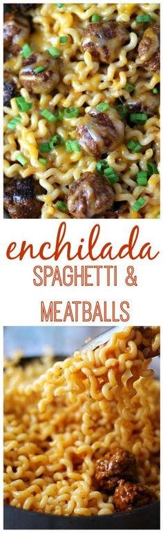 spaghetti and meatballs are being served in a skillet with the words enchilada spacheti & meatballs