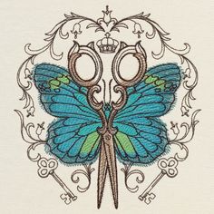 a blue butterfly with scissors on it's back and the word love is in the middle