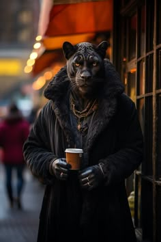 a man dressed as a black panther holding a coffee cup and wearing a fur coat