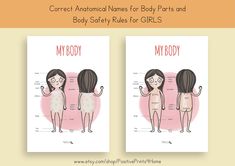 two greeting cards with the words, my body and my body on them in pink