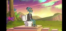 a cartoon character sitting on top of a toilet