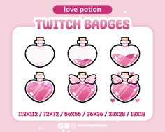 pink hearts with bows on them and the words love potion, which are written in white letters