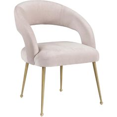 an upholstered chair with gold legs and a white seat cover on the back