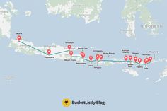 a map showing the route to and from an island in indonesia with red dots on it