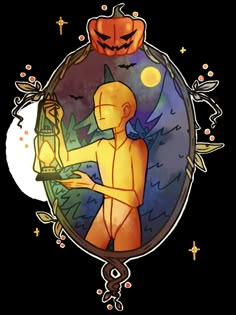 a drawing of a man holding a lantern in front of a mirror with pumpkins on it